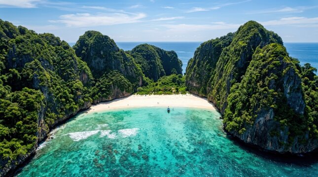 Remote tropical beach cove framed by steep green cliffs, aerial travel photography, turquoise sea, creamy sand, bright daylight, dramatic natural geometry and pristine island escape aesthetic.