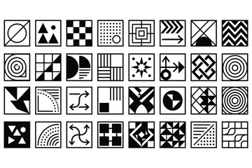 Fototapeta premium Black and White Geometric Icons Set with QR Code, Alphabet, Puzzle, Crossword, Symbols and Seamless Pattern Vector Illustration for Technology and Business Design
