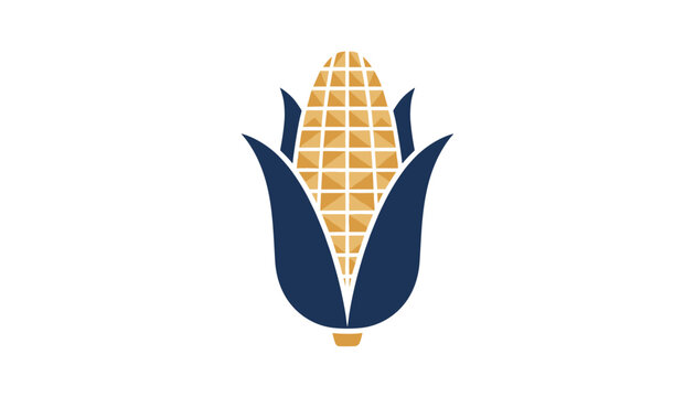Stylized modern vector illustration of a corn cob with geometric gold kernels and dark blue husks on white.