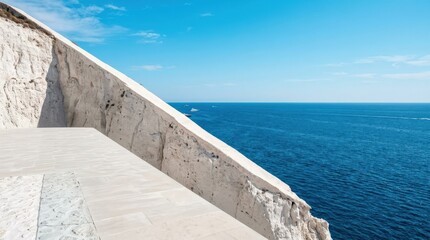 Fototapeta premium White coastal cliff wall leading toward an endless deep blue sea, minimalist travel photography, strong diagonal architectural-like edge, bright sun, clean cyan horizon and spacious luxury vacation
