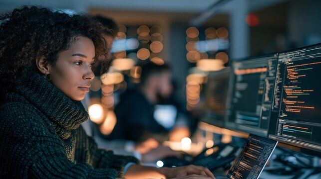Young female software developer writing code on computer in dark office