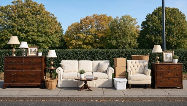 A collection of vintage furniture and household items left on a suburban sidewalk for a garage sale or moving day