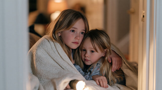 Two young siblings huddled together under a blanket in a closet during a volatile episode in the home, older sibling shielding the younger with one arm, flashlight in hand,