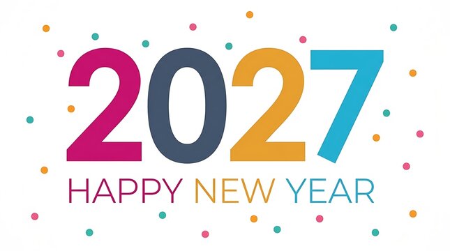 A colorful happy new year greeting card featuring the year 2027
