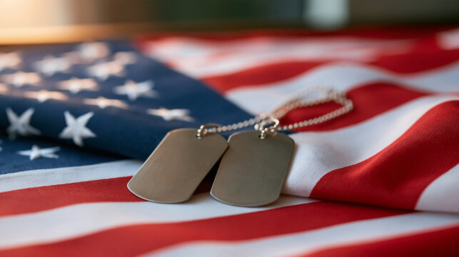 Close up of dog tags lying on a folded military flag inside a shadow box, grief keepsake, fallen soldier memorial display, wartime loss tribute, veteran family heirloom, military