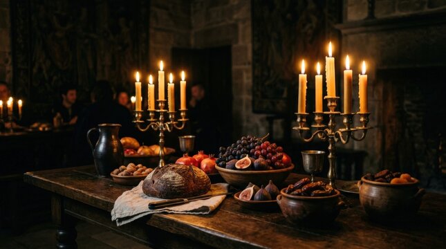 Dark candlelit feast with fruit, bread and glowing taper candles, old-world still life photography, black, ochre and deep brown palette, rich chiaroscuro, painterly textures, intimate banquet