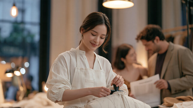 Fit model calibrating a dress form instrument in a dim studio lit by a single artificial overhead lamp, a couple consulting a fabric specification sheet together in the