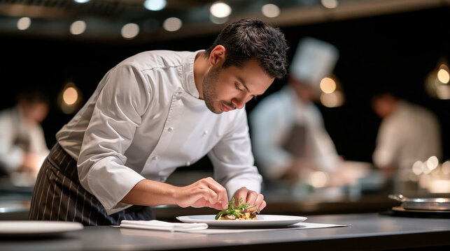A head chef in crisp whites plating an elegant autumn tasting menu dish in a fine dining restaurant open kitchen, brigade team working in background, international chefs day,