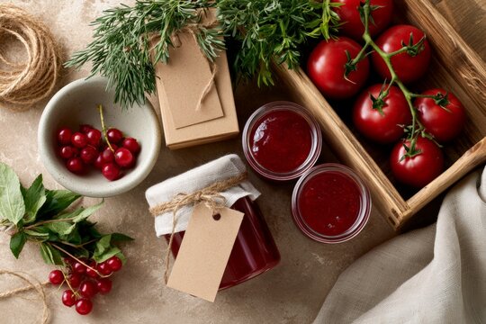 Rustic arrangement of red jam jars, vine tomatoes, red currants and herb sprigs with kraft labels for food packaging background and branding