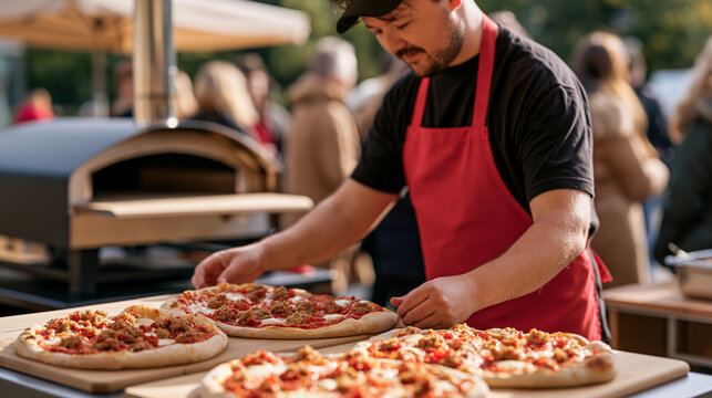 A butcher sets up a weekend booth of artisanal sausage pizzas at an outdoor food market on national sausage pizza day, hand-stretched dough topped with fennel sausage and