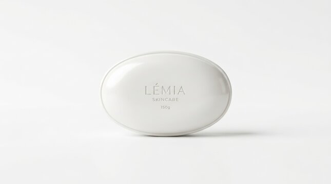 Smooth white soap bar or glossy oval skincare object isolated on a pure white background, premium product photography, subtle beveled edges, soft shadow, high-key lighting and clean minimalist