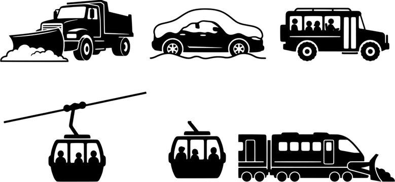 Winter transportation icon set in a simple black silhouette style including snowplow truck, car in snow, safari bus, cable car and snow train.