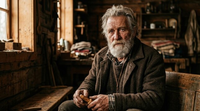 Weathered older man with gray beard in warm brown clothing, cinematic portrait photography, deep-set eyes, textured skin, soft amber side light and rugged documentary-style character study.