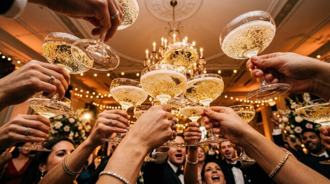 Cluster of raised champagne coupes viewed from below, celebratory lifestyle photography, honey-gold drinks, warm ivory highlights, dynamic radial composition, sparkling glass reflections, festive