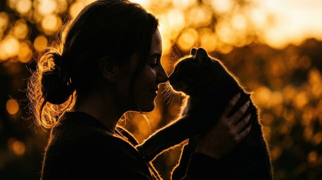 Silhouette of a woman gently touching noses with a cat in golden backlight, emotional pet photography, warm amber bokeh, intimate close-up, strong rim lighting and tender human-animal bond concept.
