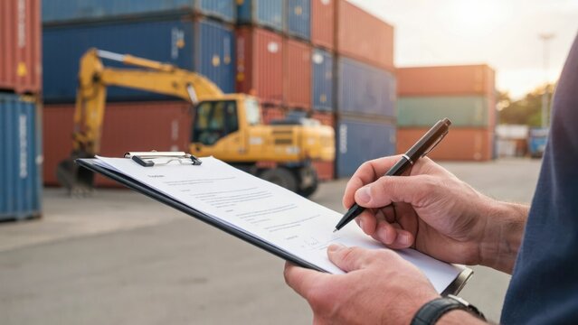 Logistics worker holding a clipboard and pen at a shipping container yard