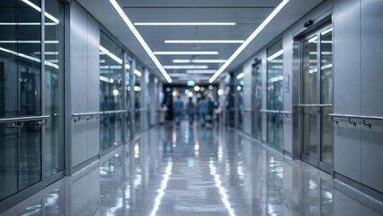 Fototapeta premium Modern hospital corridor at night with polished reflective floor and soft-focus medical staff walking, clean clinical interior with copy space