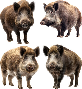Four wild boars isolated on white background powerful eurasian wild pigs collection sus scrofa wildlife animals grid set


