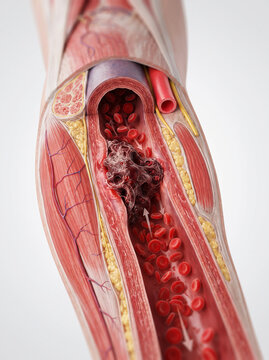 3D medical illustration of deep vein thrombosis DVT showing blood clot obstructing blood flow in leg vein.
