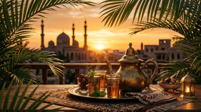 Traditional brass teapot and tea glass framed by palm leaves with mosque silhouettes at sunset, warm Ramadan lifestyle still life, amber, bronze and muted green palette, dreamy cinematic backlight,