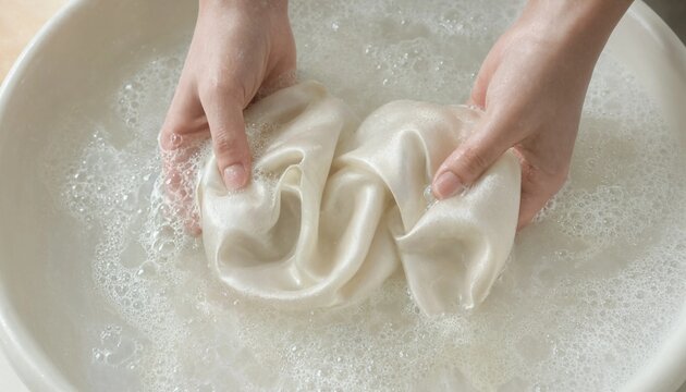Hands gently hand washing a delicate white silk fabric in a bowl of soapy water