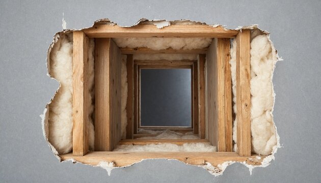 A view through a square hole cut into a drywall wall exposing interior wooden framing studs and fluffy white fiberglass insulation