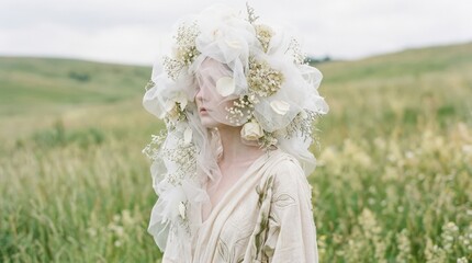 Female face obscured by a large soft cloud of white flowers or fabric, surreal beauty photography, pale green field, dreamy diffusion, ghostly skin tones and poetic botanical fashion mood.