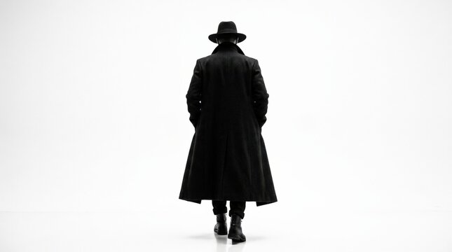 Man in a black hat and long dark coat viewed from behind against a bright white background, minimalist monochrome fashion photography, graphic silhouette, classic mysterious editorial styling.