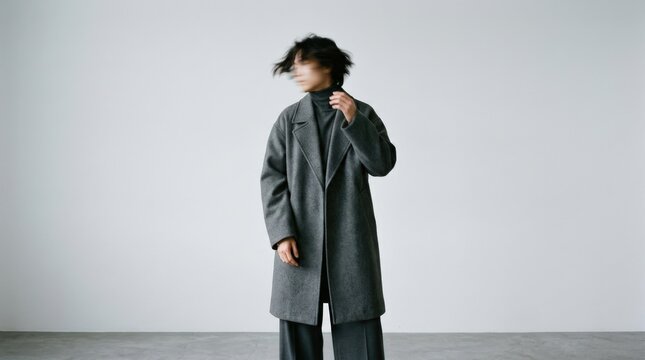 Minimalist fashion portrait of a person in an oversized gray coat or hoodie, face intentionally motion-blurred, pale gray seamless background, cool monochrome palette, soft studio light, contemporary