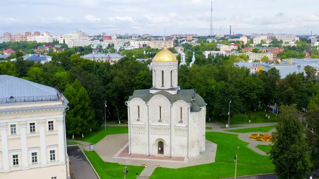 Russia, Vladimir. Flight over the city. Dmitrievsky Cathedral - Monumental Cathedral of the XII century. Drone footage, Departure of the camera