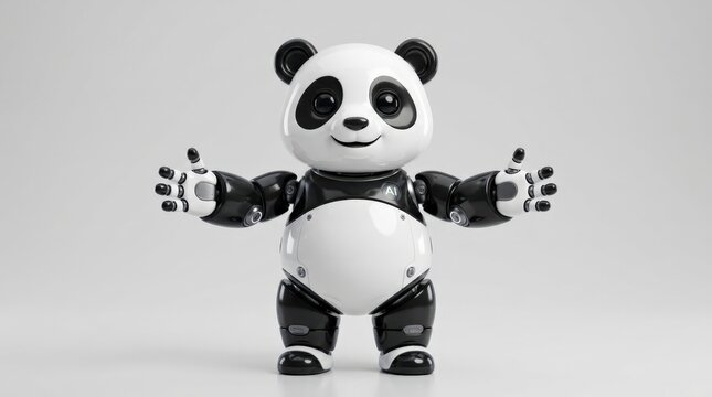 Stylized black-and-white panda robot standing with open arms, polished 3D character render, light gray background, glossy rounded plastic surfaces, robotics, AI, education and friendly technology