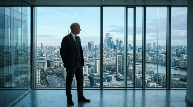 Businessman standing before floor-to-ceiling windows overlooking a city skyline, corporate lifestyle photography, cool blue daylight, dark suit silhouette, expansive view and executive leadership