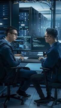 Professional male IT technicians and network engineers discussing system diagnostics inside modern cloud database server room.