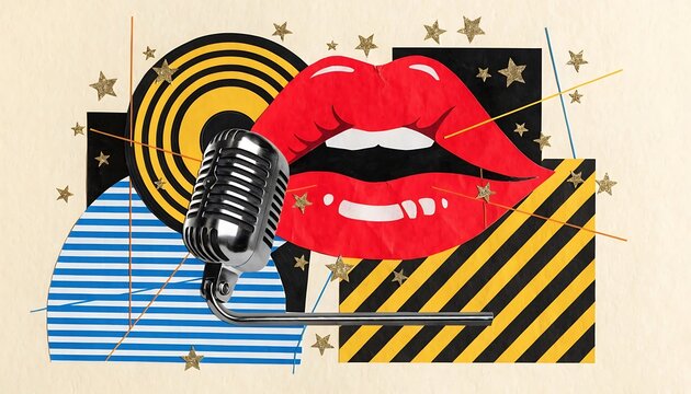 Red lips and microphone illustration with pop art graphic design style