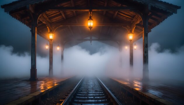 Atmospheric misty railway station platform at night with glowing vintage lanterns and train tracks vanishing into dense fog.
