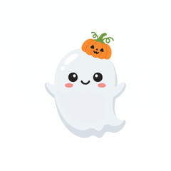 Obraz premium Cute Little Ghost with Small Pumpkin on Head Halloween Illustration