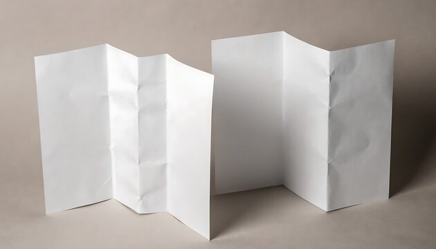 Two blank white paper accordion folded brochures standing on a table