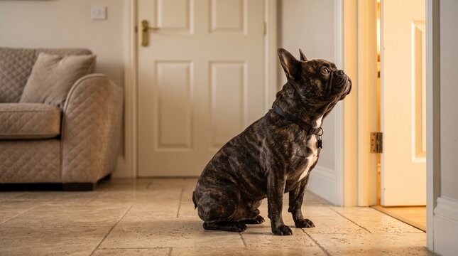 Brindle french bulldog sitting patiently indoors near open doorway illuminated by warm interior lighting during daytime