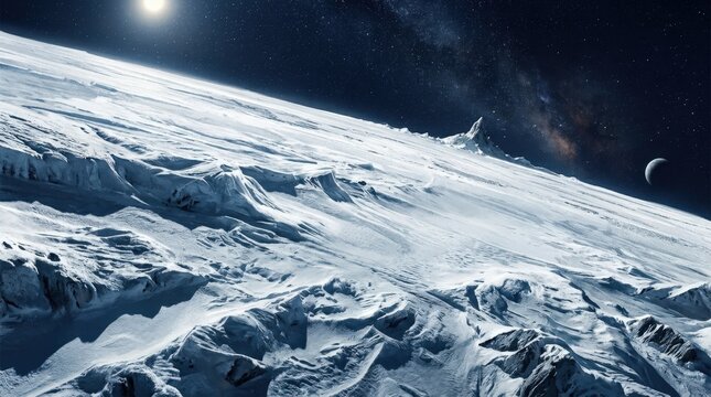 Diagonal view across a bright icy planetary surface or snow-covered moon beneath a deep navy sky, cinematic space illustration, textured white terrain sweeping from lower left to upper right, tiny