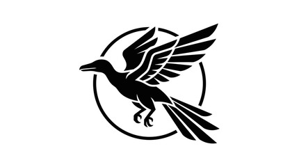 Fototapeta premium Black silhouette of a prehistoric bird with outstretched wings inside a circle, isolated on a transparent background.