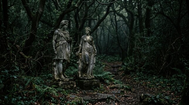 Two classical stone statues standing together in a dark wooded landscape, atmospheric fine-art photography, gray stone, deep green-black foliage, soft diffused light and romantic museum-garden mood.