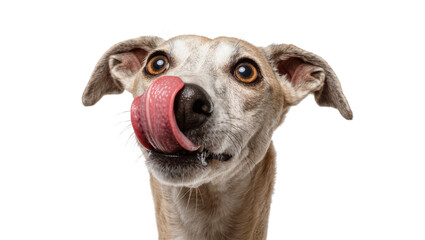 Whippet dog with long pink tongue licking nose, isolated on transparent background © popng