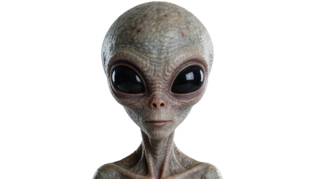 Grey alien head with large black eyes detailed skin texture, isolated on transparent background