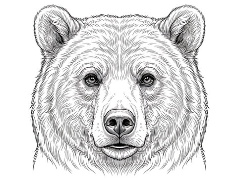Detailed grizzly bear head portrait black and white vector line art illustration for coloring page   