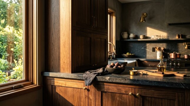 Warm sunlight streaming across dark wooden kitchen cabinets and stone countertop, cinematic interior detail photography, deep walnut, amber and charcoal palette, strong side light and sophisticated