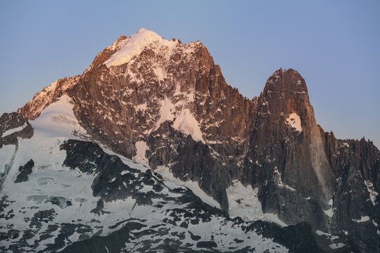 Sunrise, Aiguille Verte with Grand Dru, Mont Blanc Massif, Chamonix-Mont-Blanc, Haute-Savoie, France