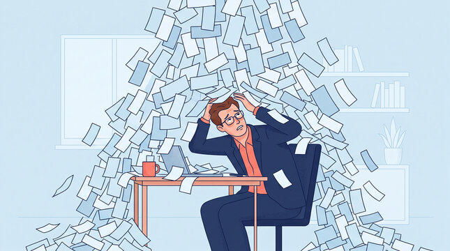 Stressed Businessman Overwhelmed by Massive Piles of Digital Paperwork Concept Representing Corporate Burnout Digital Fatigue Tech Overload Modern Workplace Productivity Struggles and Excessive
