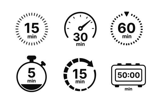 Timer and countdown icon collection in a clean outline vector style featuring 5, 15, 30 and 60 minute timers, stopwatch and digital countdown display