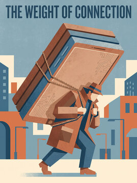 Digital Fatigue Concept Illustration Featuring Man Carrying Heavy Smartphone Representing Modern Tech Burnout Social Media Addiction Information Overload Electronic Stress Mental Health Awareness