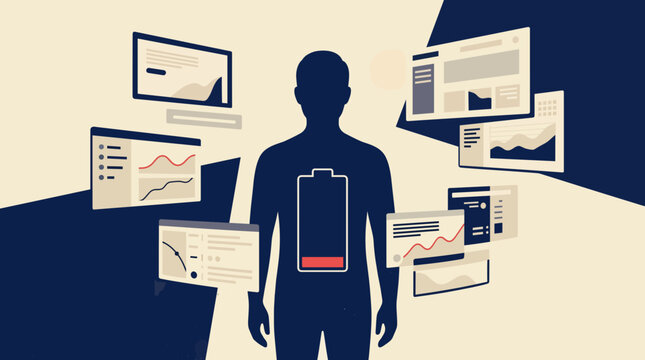 Digital Fatigue Concept Illustration Featuring Silhouette Man With Low Battery Icon Symbolizing Tech Burnout Information Overload Mental Exhaustion Virtual Overstimulation Workplace Wellness Solutions
